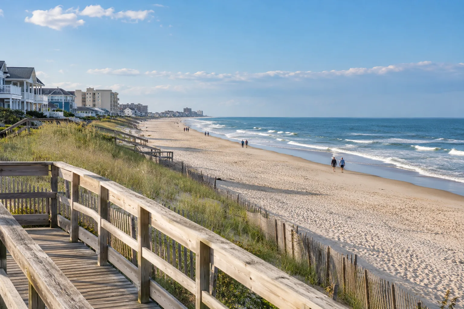 Wide sandy Atlantic beach seen from a wooden coastal boardwalk.