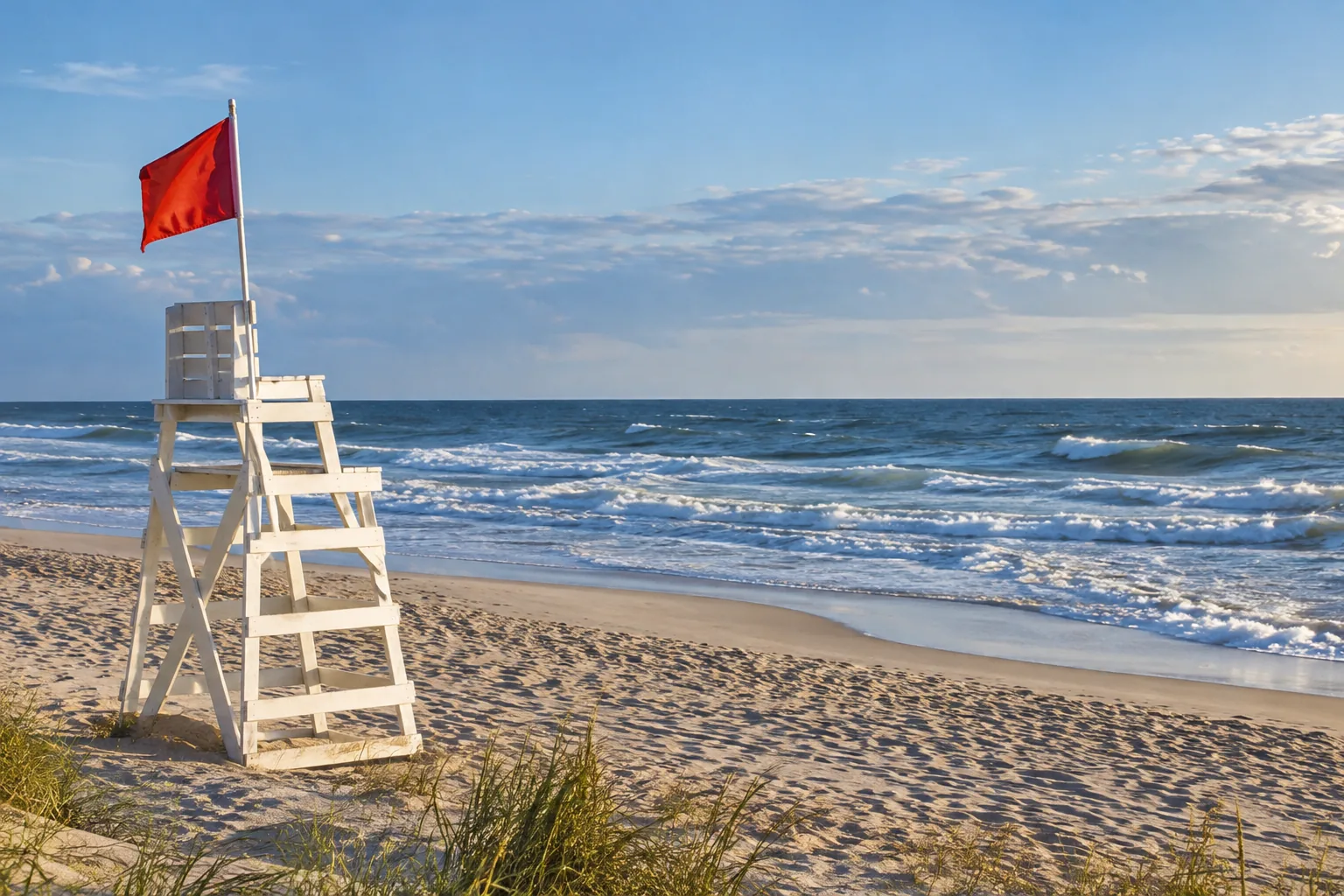 Unoccupied lifeguard chair and flag beside Atlantic surf.