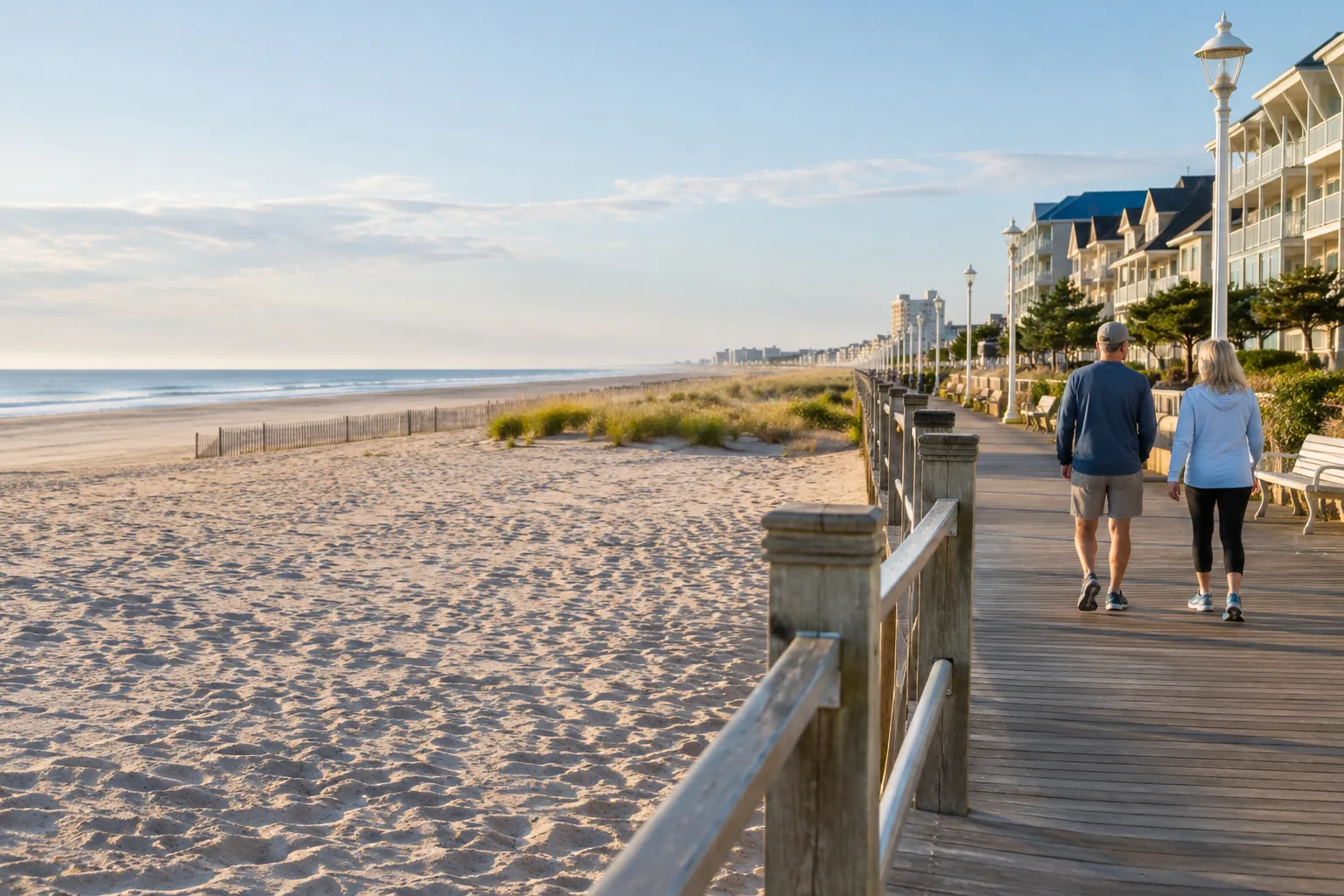 Visitors walking along a boardwalk beside a sandy beach.
