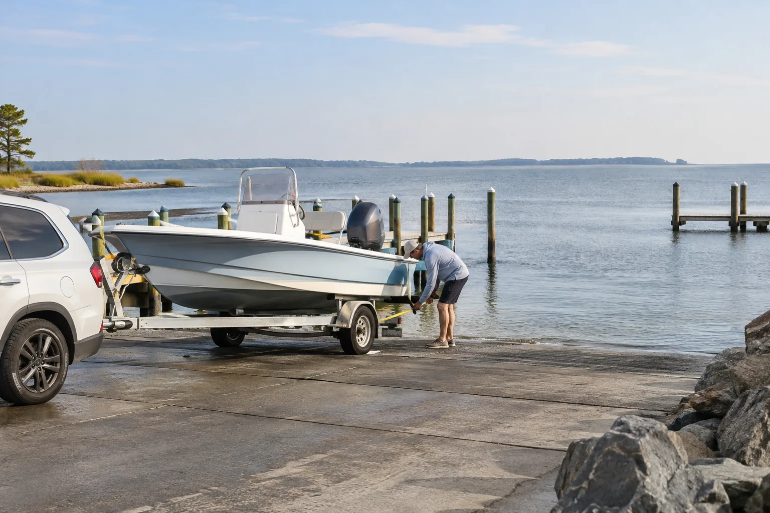 Boat on a trailer beside a coastal launch ramp.