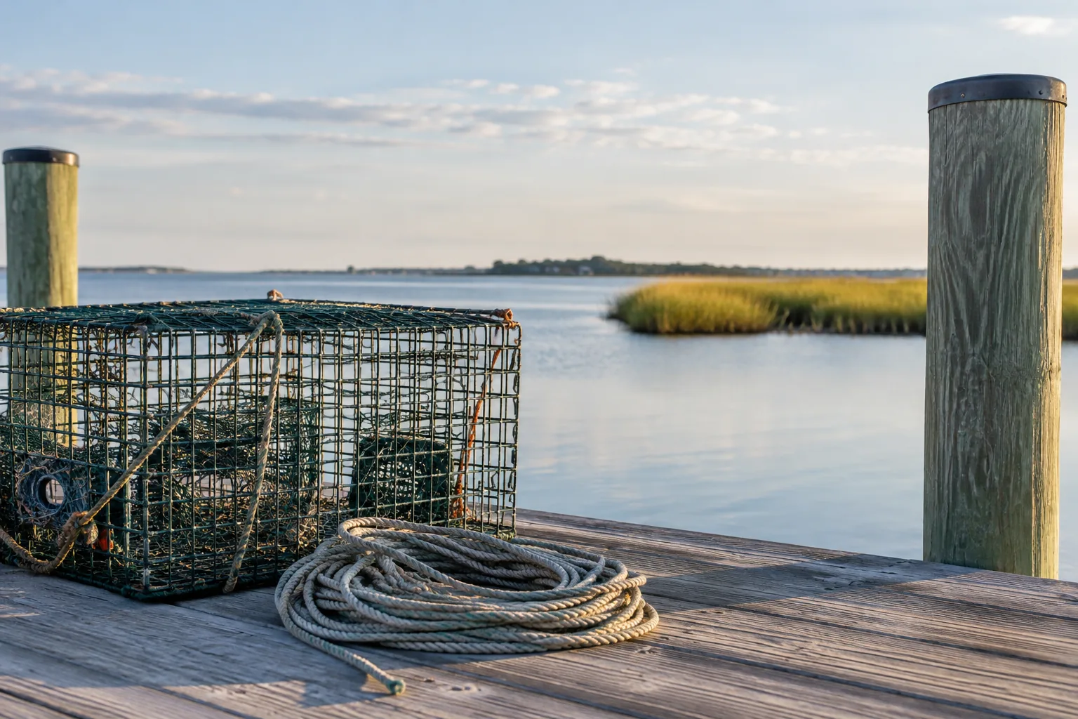 Crab trap and coiled rope on a wooden coastal dock.
