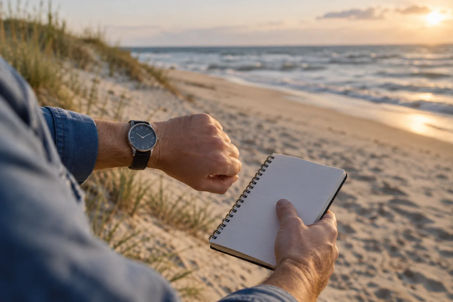 Beach visitor checking a watch and notebook above the shoreline.