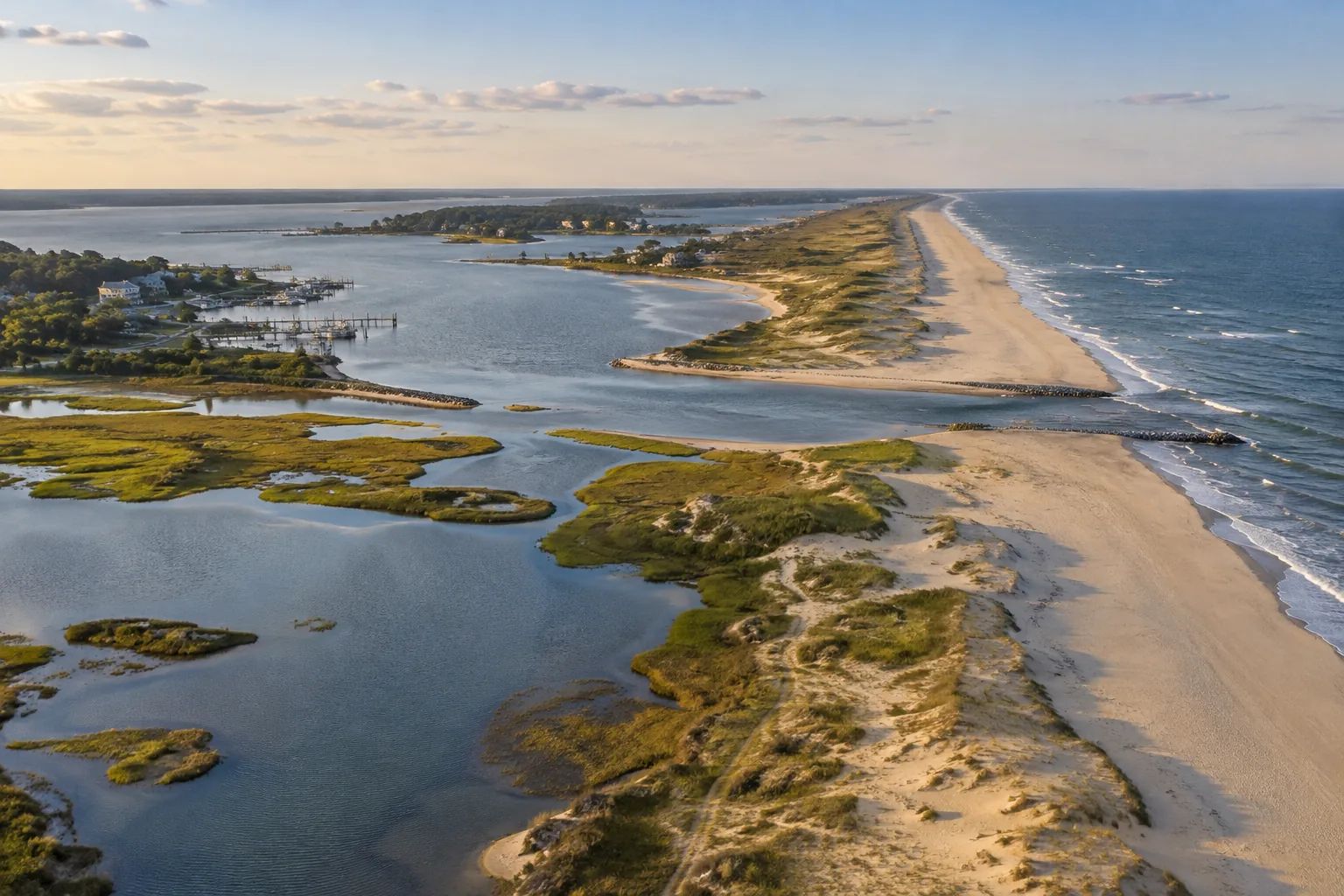 Elevated view of a barrier coast with ocean and lagoon waterways.