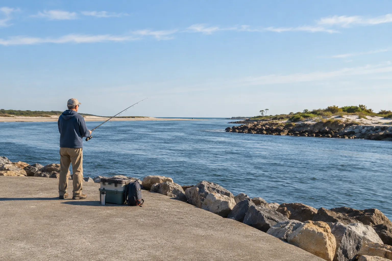 Angler on a coastal inlet fishing platform.