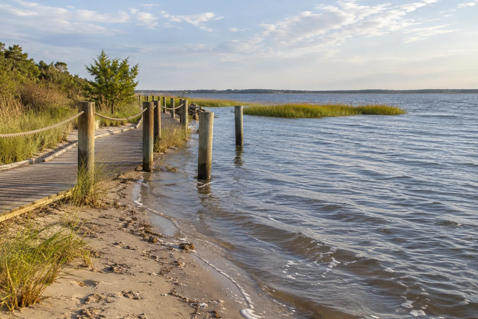 Elevated water beside an empty coastal walkway.