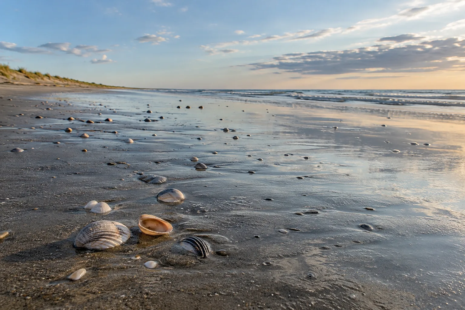 Small shells on a broad wet sandy shoreline.