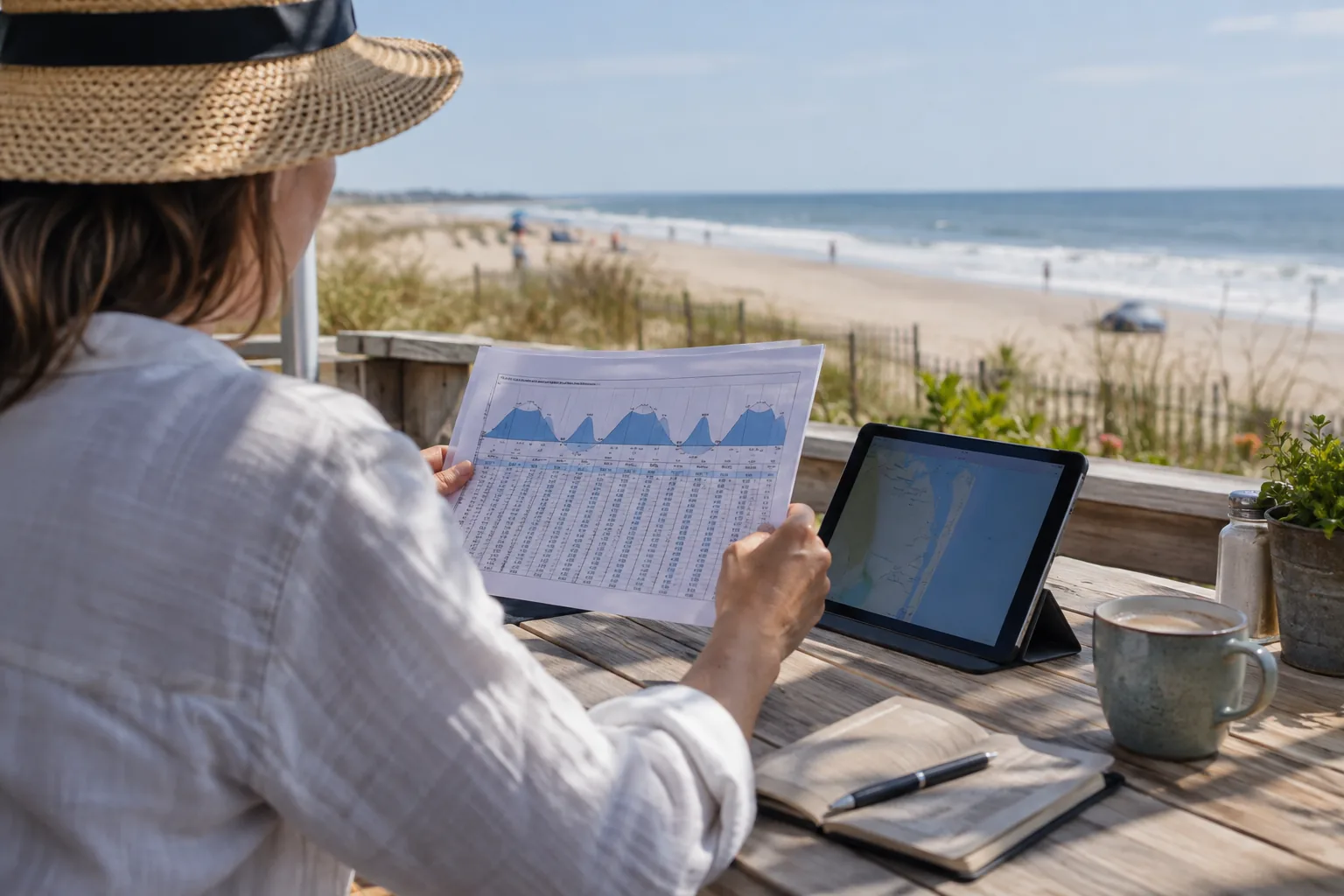 Visitor comparing a paper chart and tablet beside the coast.