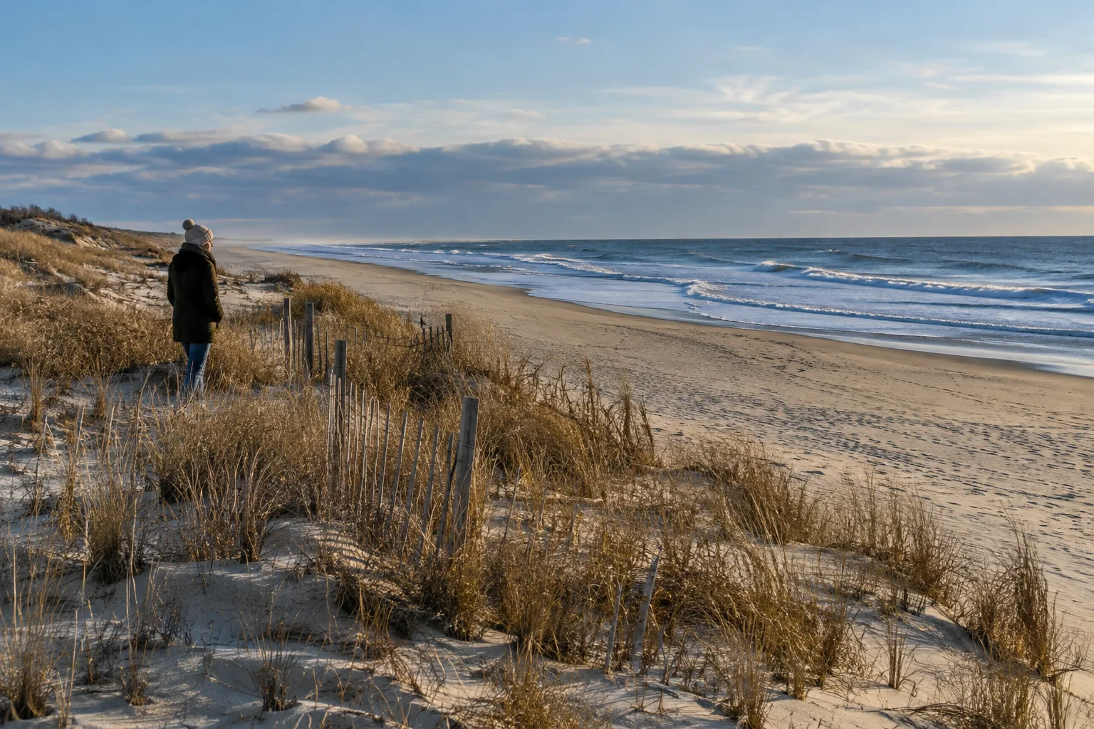 Bundled visitor on a quiet winter shoreline.