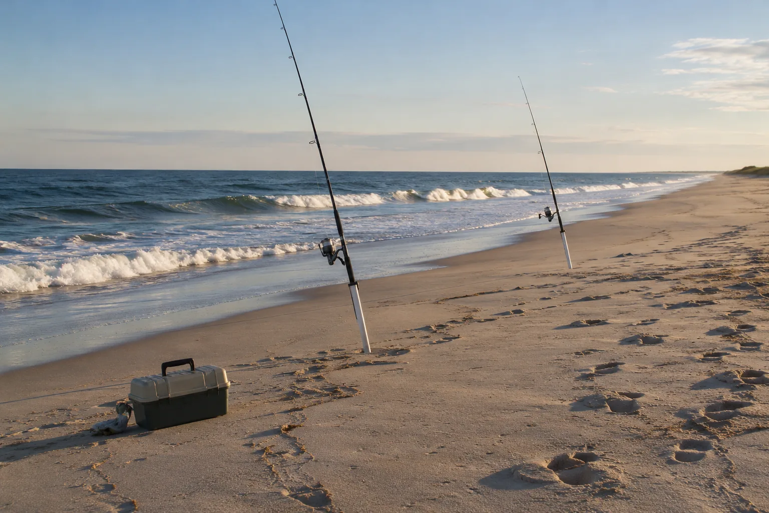 Fishing rods in sand spikes on a broad beach.