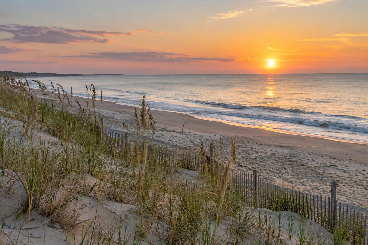 Warm sunrise over an Atlantic shoreline and dune grasses.