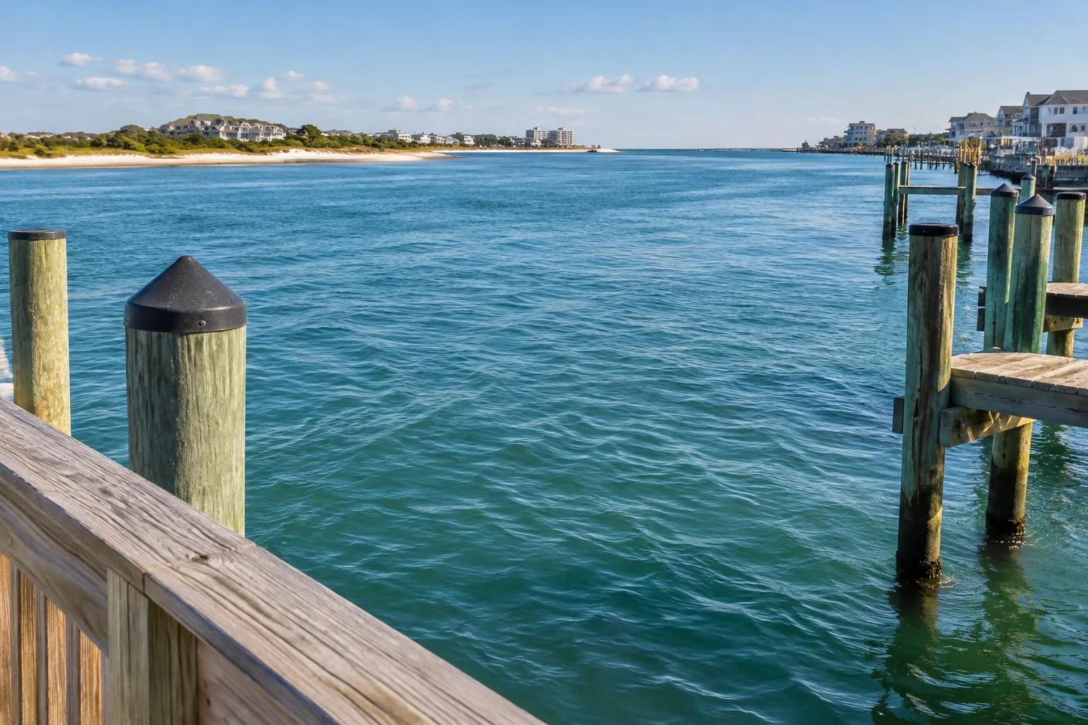 Sunlit inlet water and wooden dock pilings viewed from a raised waterfront walkway.