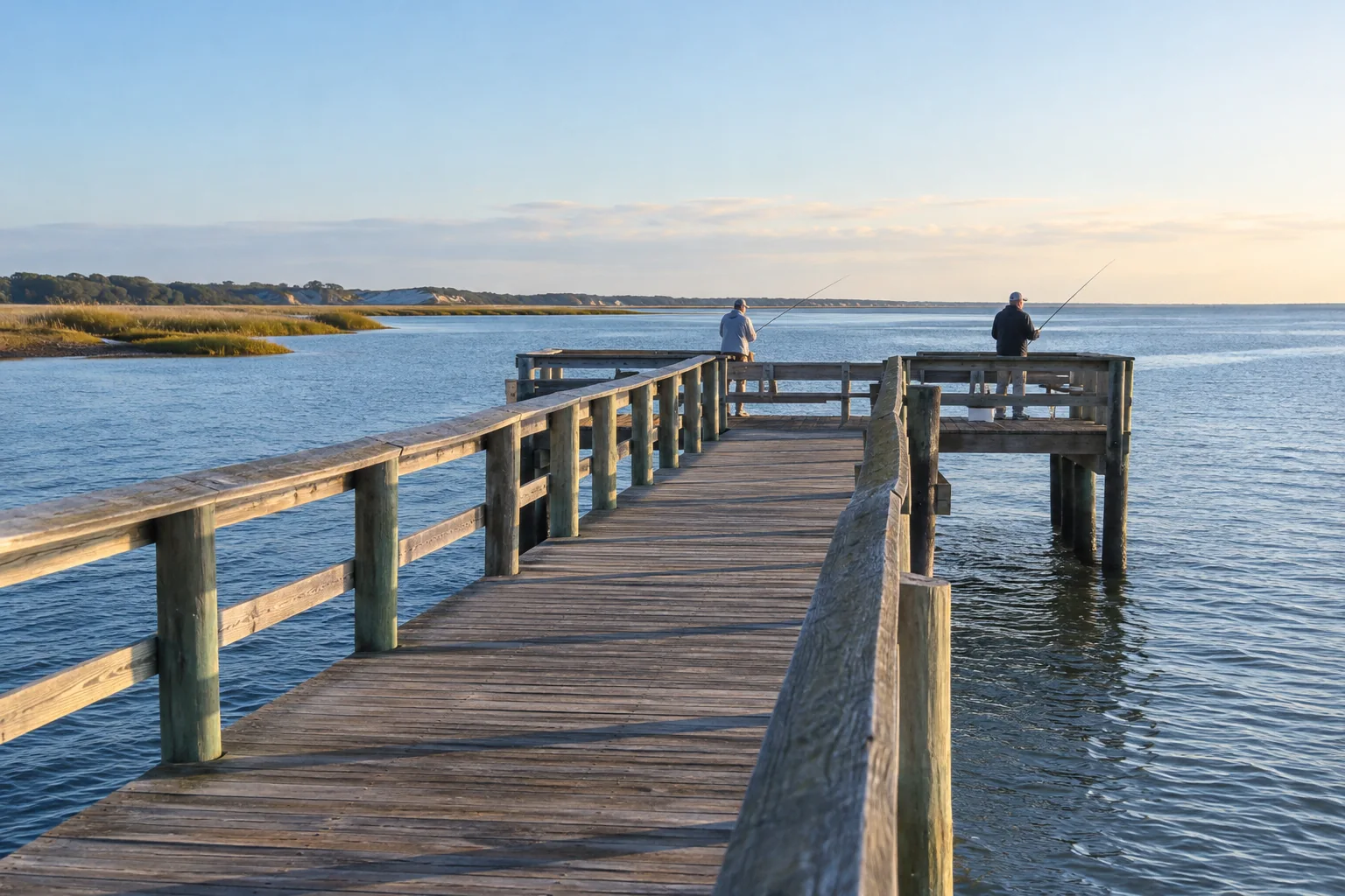 Anglers standing behind railings on a wooden coastal-bay fishing pier.